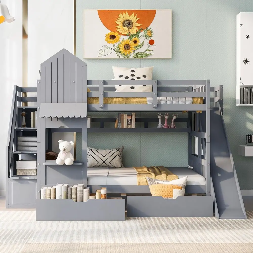 Bunk Bed With Stairs And Slide - Letto a castello matrimoniale con scala,