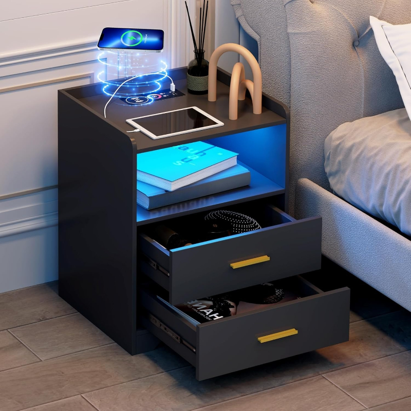 Solid Wood Nightstand 2 Drawers - Comodino a LED nero con stazione