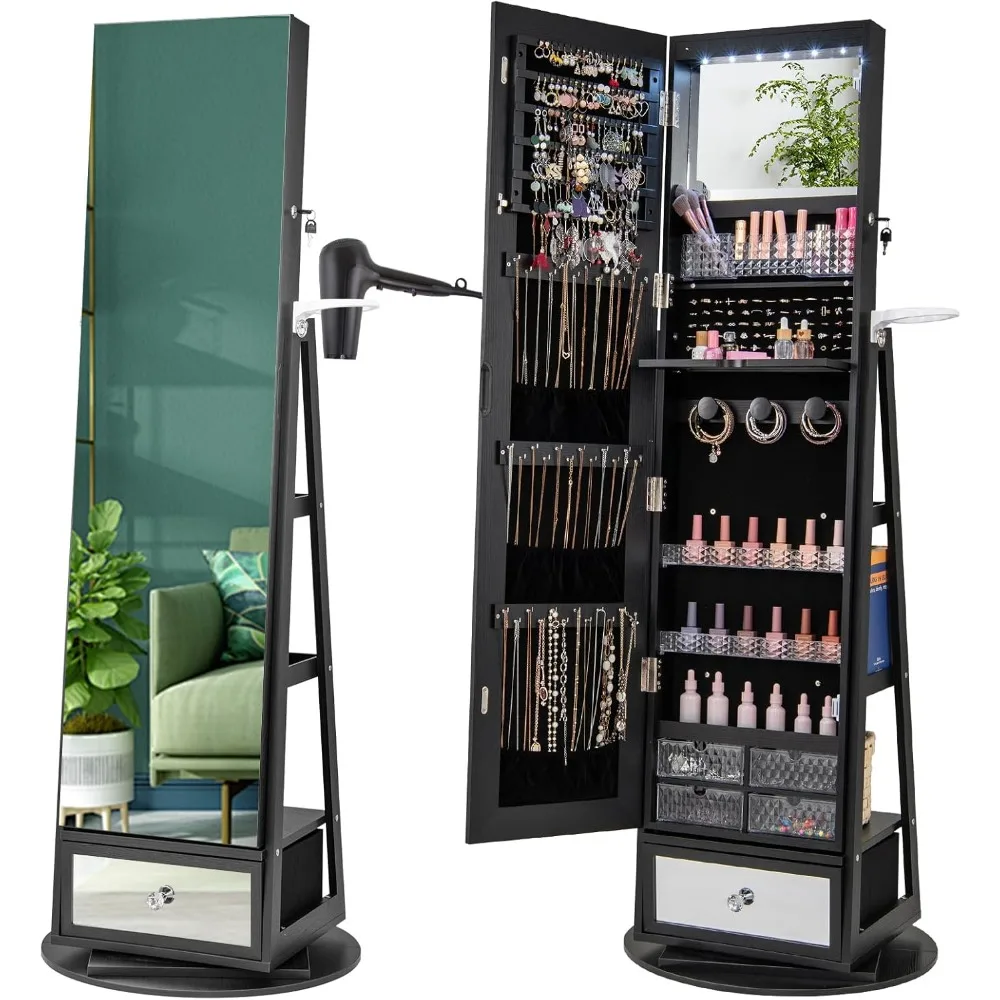 Full Length Mirror Jewelry Armoire - 360 ° Armadietto per gioielli girevole
