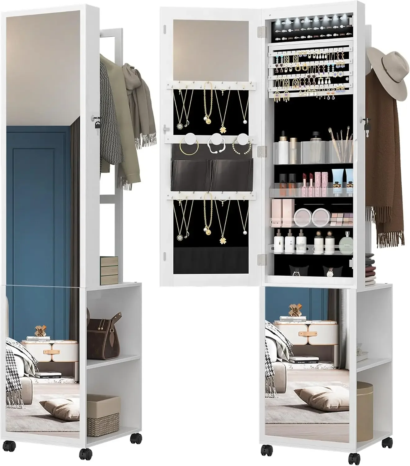 Full Length Mirror Jewelry Armoire - Armadio portagioielli con 8 LED, organizer