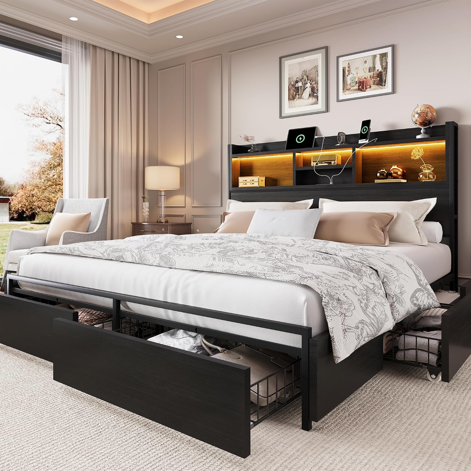King Size Bed Frame With Storage Drawers - Letto King Size con 6 Cassetti