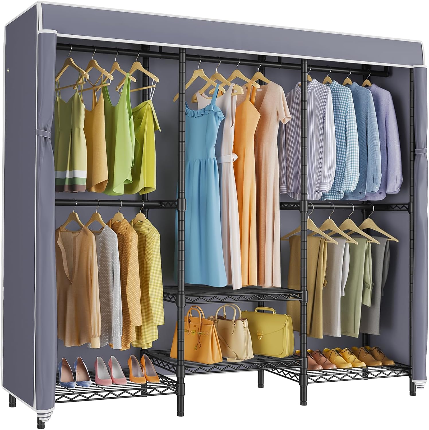 Wardrobe Closet Portable Fabric Cover - Appendiabiti con Copertura e Ripiani Regolabili,