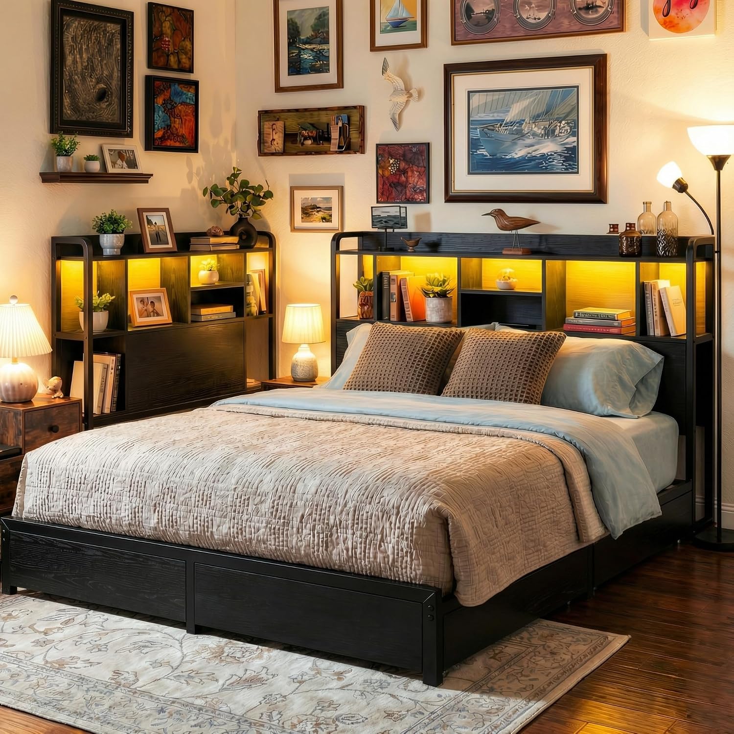 King Size Bed Frame With Storage Drawers - Letto matrimoniale con testiera contenitore e