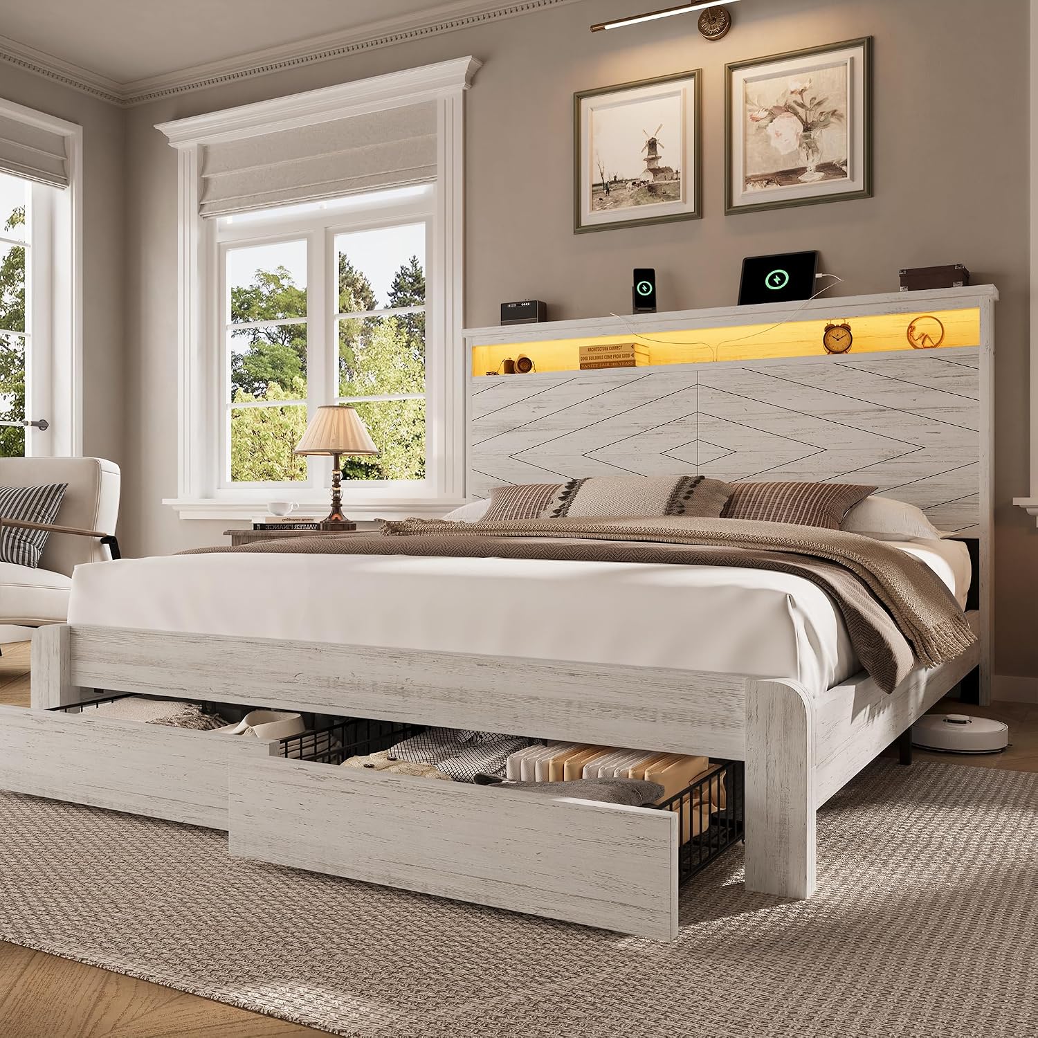 King Size Bed Frame With Storage Drawers - Letto matrimoniale king size con piattaforma